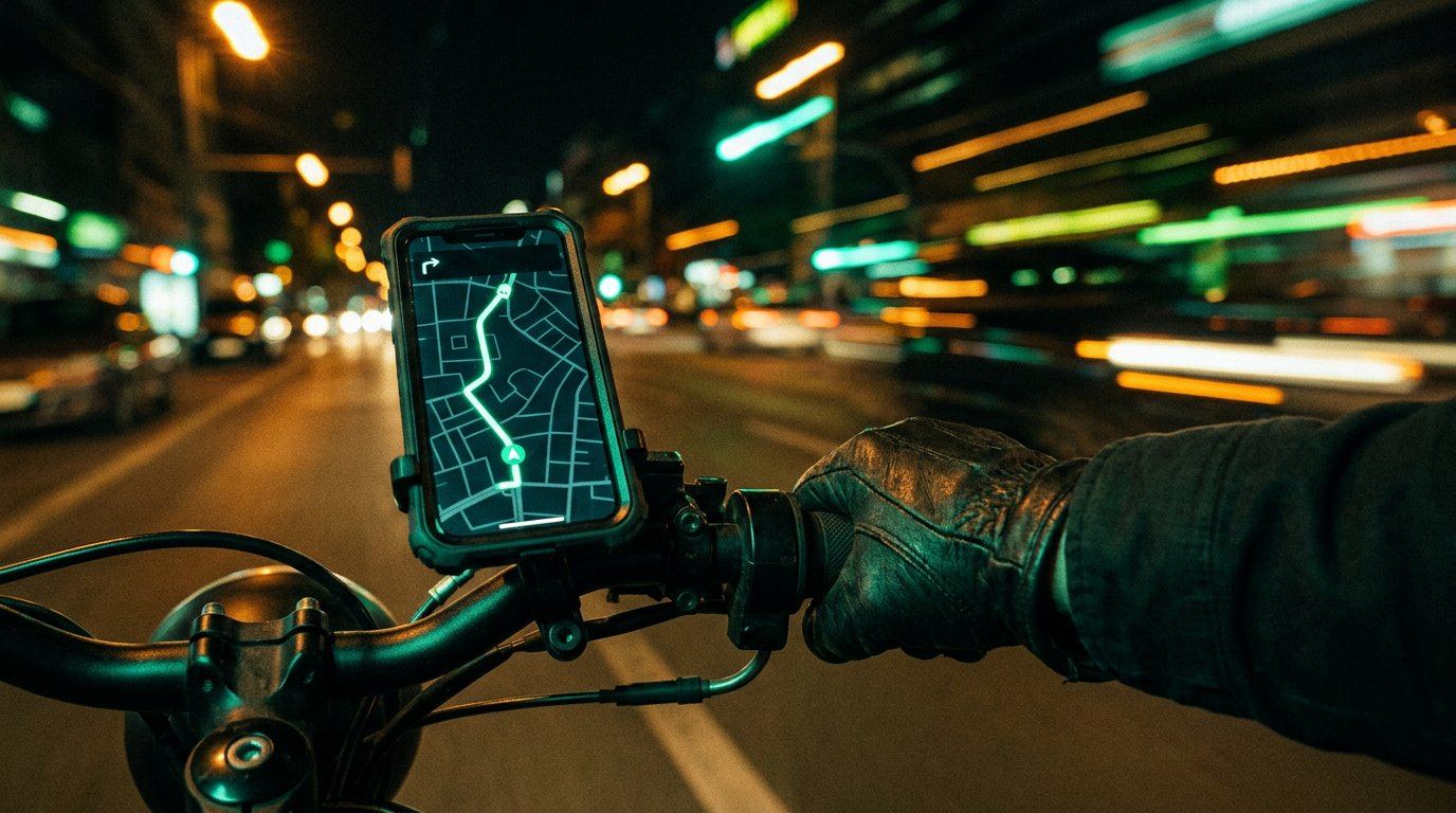 Rider phone mount showing live route at night